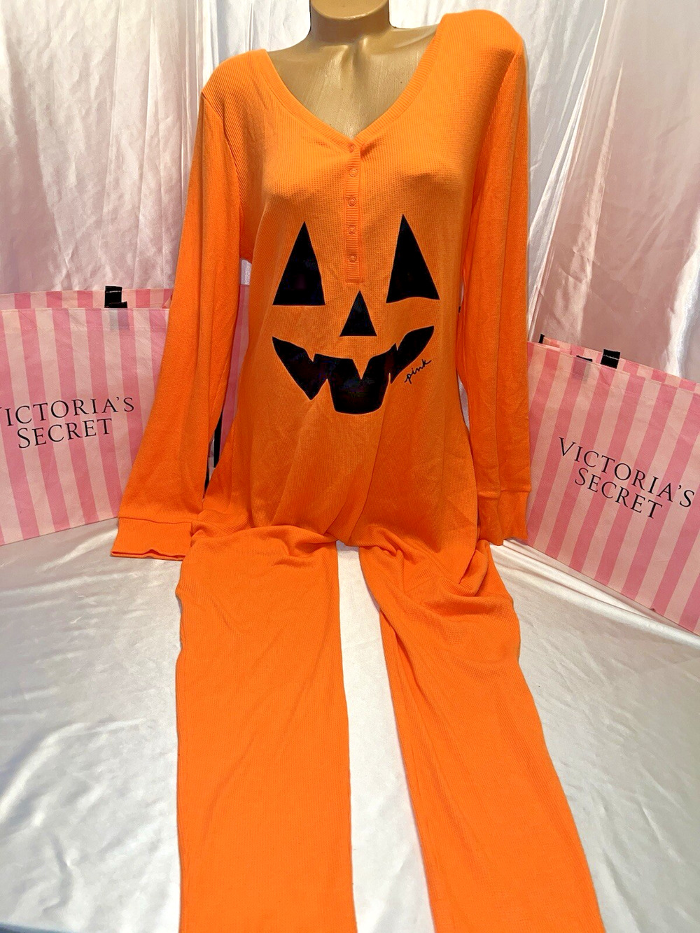 Victoria's Secret Pink Halloween Thermal One Piece Pajamas Pumpkin Size XXL